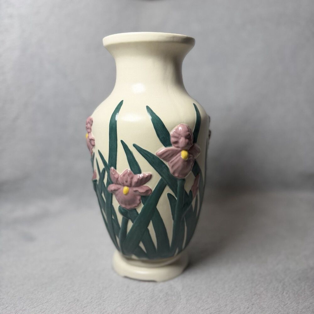 Ceramic Flower Vase 11 Inch Pink Iris Raised Floral Ivory Green Cottage Decor